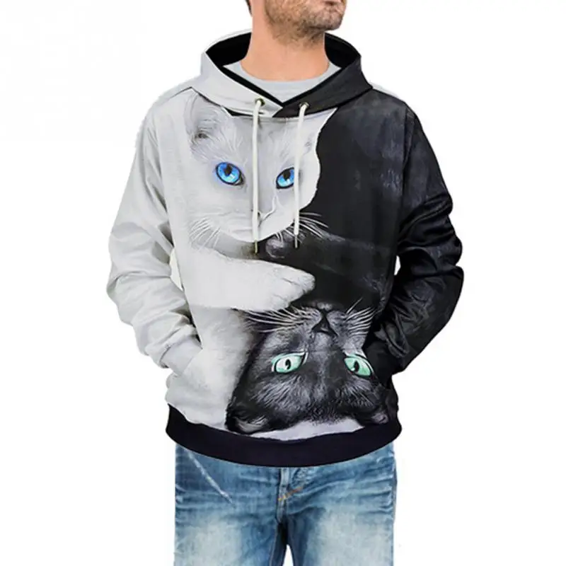 Мужчины Drawstring кошки 3D печать длинный рукав свободный пуловер худи свитер|Мужские