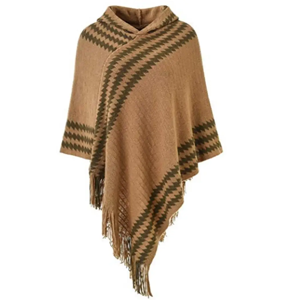 Women Casual Hooded Geometric Tassel Knit Cape Scarf | Аксессуары для одежды
