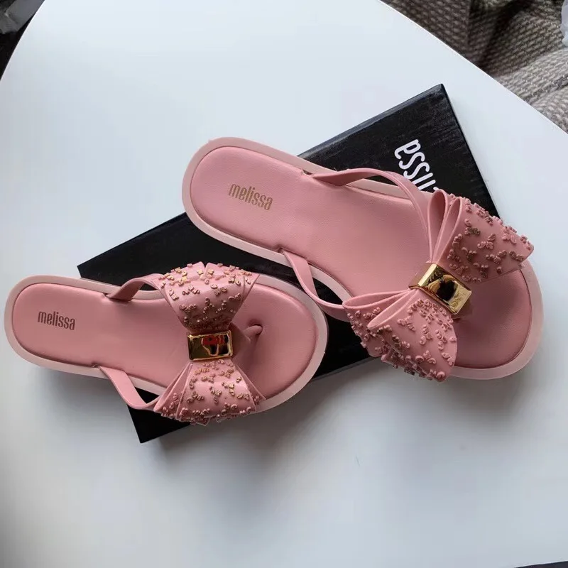 Melissa/женская прозрачная обувь с бантом; женские Молодежные Летние босоножки на плоской подошве; женские летние пляжные вьетнамки; шлепанцы без задника; женские шлепанцы melissa
