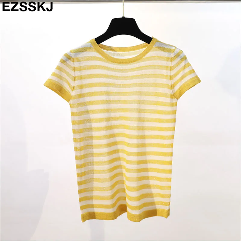 thin summer striped knit t-shirt Women short sleeve T-Shirt bling O-neck cool Glitter Basic t-shirt sexy shiny top