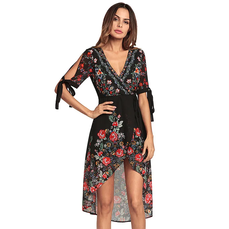 Шифон Boho платье Для женщин 2018 новый принт черные гольфы Длина летнее