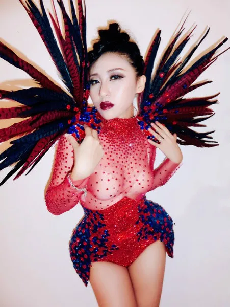 Women Sexy See-through Red Feather Sparkly Rhinestones Bodysuit Nightclub Bar Dance Teams DJ DS Show Female Singer Stage Costume |