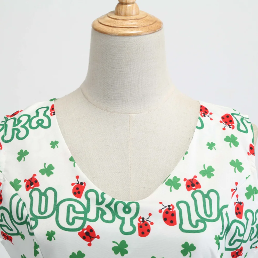 Joineles Vintage V-Neck Pinup Women Dress Swing Clover Printing Evening Party Sleeveless Rockabilly Retro Wear 2XL | Женская одежда