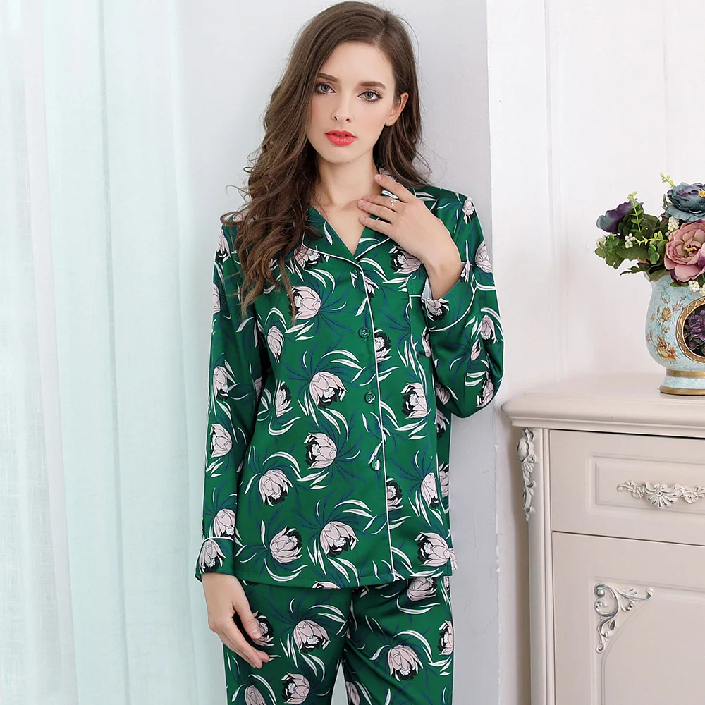 women silk pajama sets 2019 new brand fashion summer full length green flower printed silk fashion pajamas female sleepwears