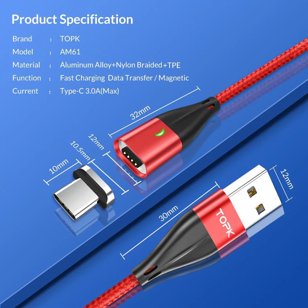 TOPK 1M 3A Magnetic Cable Fast Charging Type C USB Data For Xiaomi Redmi Note 7 Samsung | Мобильные телефоны и аксессуары