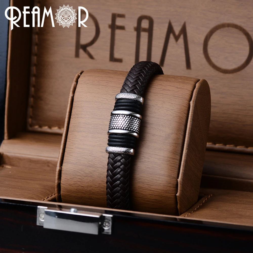 Широкие плетеные кожаные браслеты REAMOR из нержавеющей стали 316L с бусинами мужские