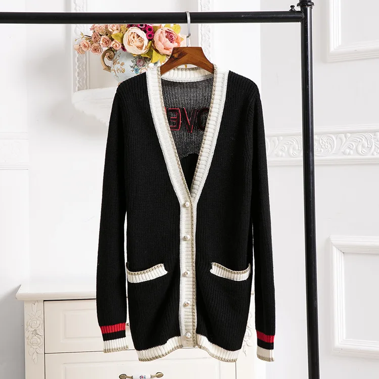 2018 Black Long Knitted Sweater Women Cardigans Coat Cashmere Monkey Embroidery Diamond Pearl Buttons Winter Jumper Clothing Top |