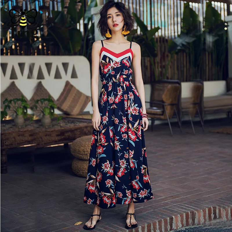 Tingfly Women Sexy Strap Long Maxi Dress Hem Backless Boho Tropical Print Summer Lady Casual streetwear Vestidos | Женская одежда