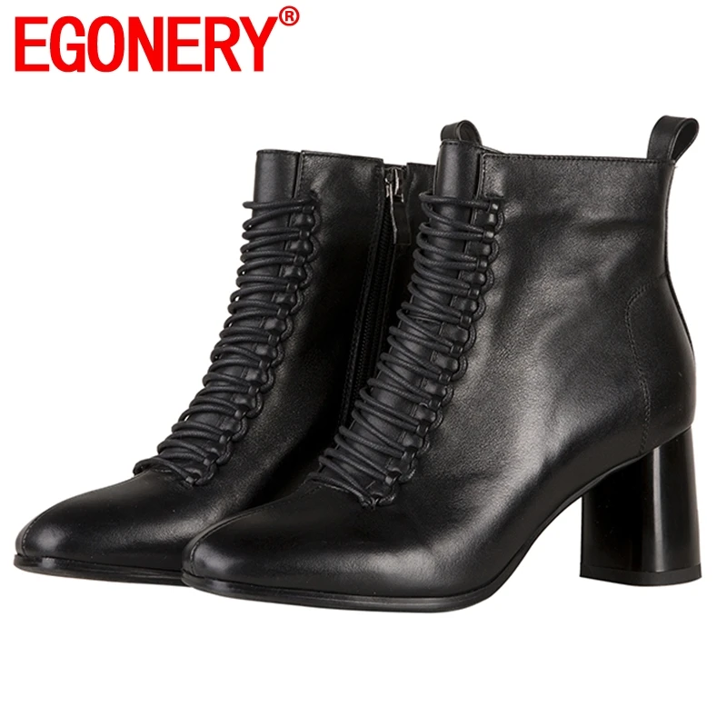 EGONERY/Офисные ботильоны; Рабочая женская из телячьей кожи; осенне-зимняя обувь для девочек на высоком каблуке с молнией; цвет белый, черный; Прямая