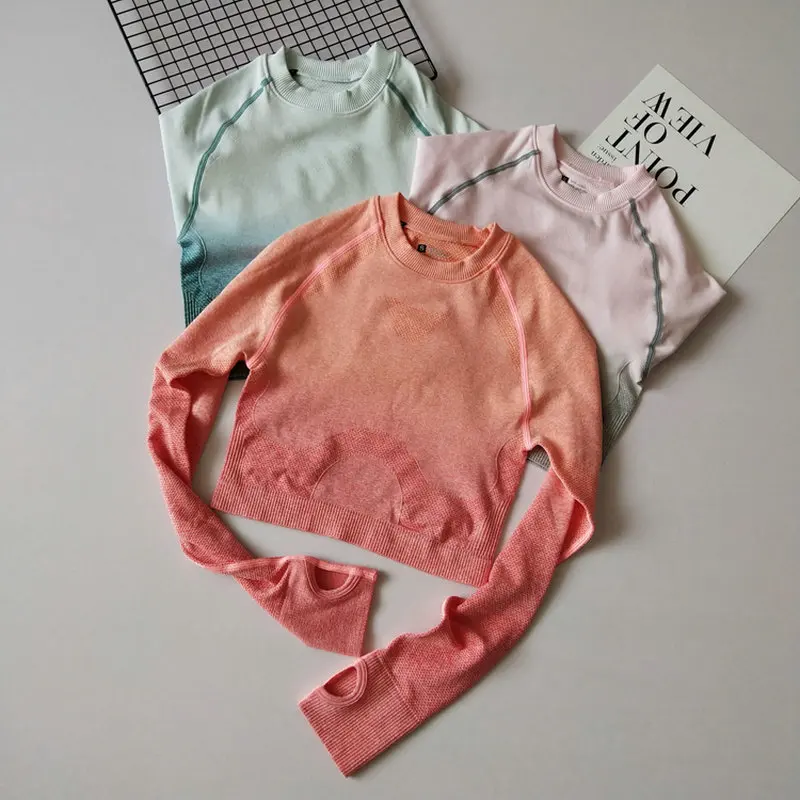 

New Ombre Seamless Cropped Tops Long Sleeve Yoga Shirts Women Sport T Shirt With Thumb Hole Running Fitness Workout Gym Clothes