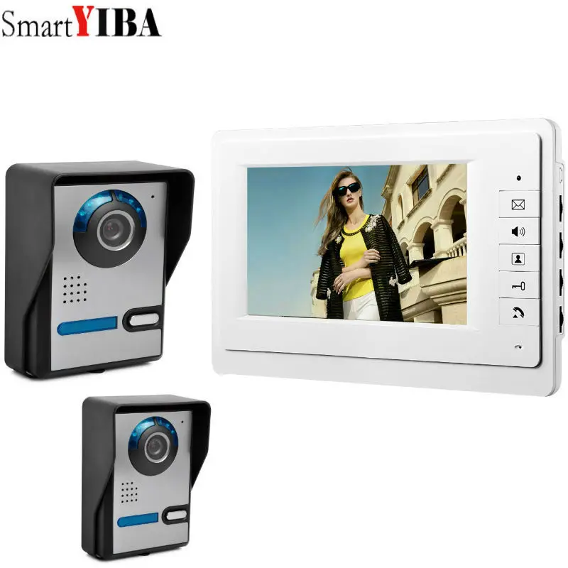 SmartYIBA 7'' Wired Video Door Phone Visual Video Intercom Speakerphone Intercom System With 2pcs Waterproof Outdoor IR Camera