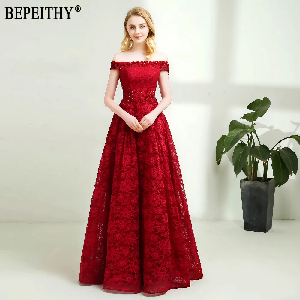 BEPEITHY Новое поступление vestido de festa вырез лодочка, аппликация кружева Длинные Бордовые Красные кружевные вечерние платья
