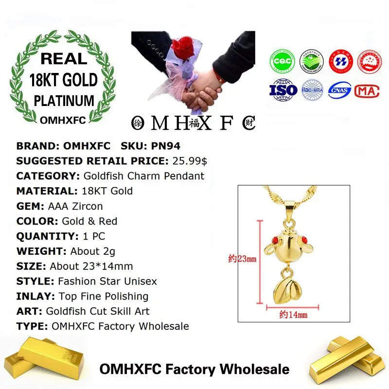 OMHXFC Wholesale European Fashion Woman Man Unisex Party Birthday Wedding Gift Goldfish Zircon 18KT Real Gold Charm Pendant PN94 | Украшения