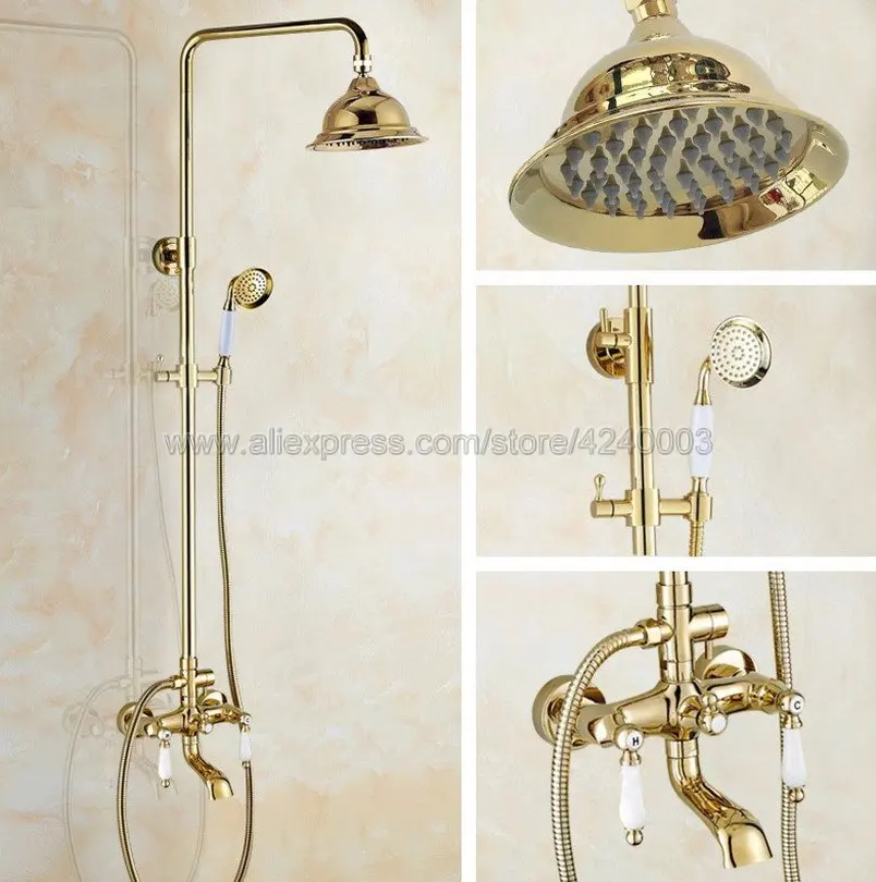 

Golden Finish Bathroom Shower Faucet Double Handle Mixer Tap with Hand Shower Tub Mixer Tap Kgf376