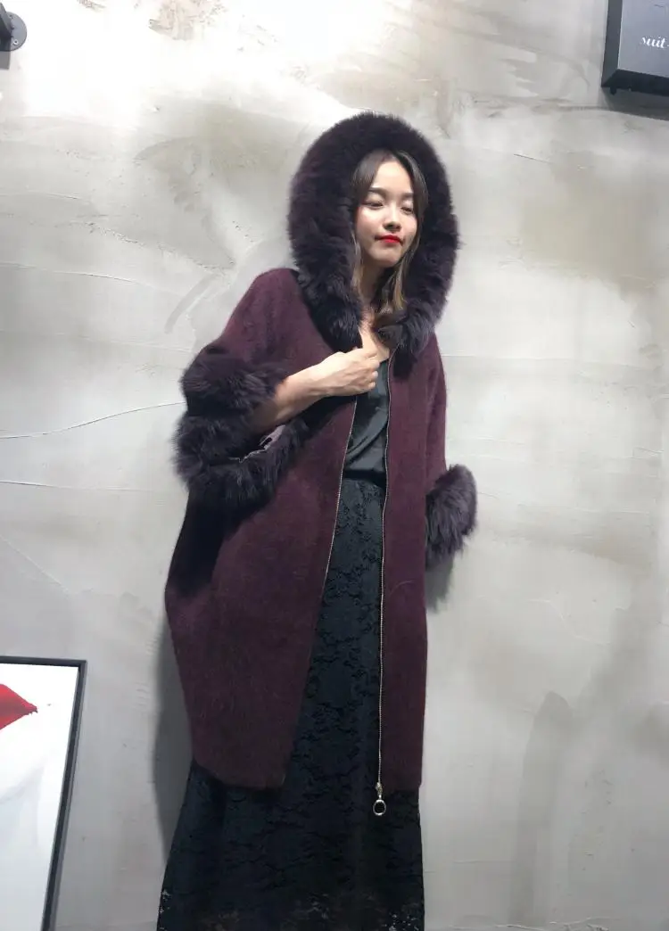 2019 Women knitted mink cashmere sweater with big fox fur sleeve hood ladies fashion batwing coat zip |