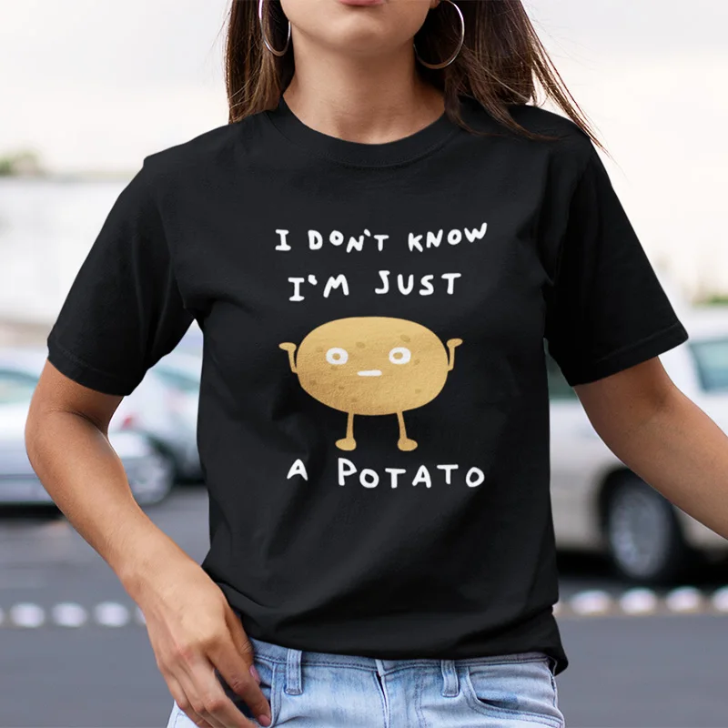Футболка с героями мультфильмов Kawaii, Забавные топы с рисунком картофеля I Don't Know Humor, футболка с круглым вырезом для девочек мягкая хлопковая дышащая футболка с короткими рукавами - Цвет: Black