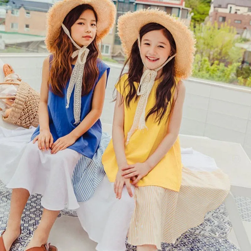 Summer 2019 Blue Yellow Patchwork Sundress Girls Sleeveless Beach Party Dresses Kids Clothes Children Straight Dress Clothing | Детская