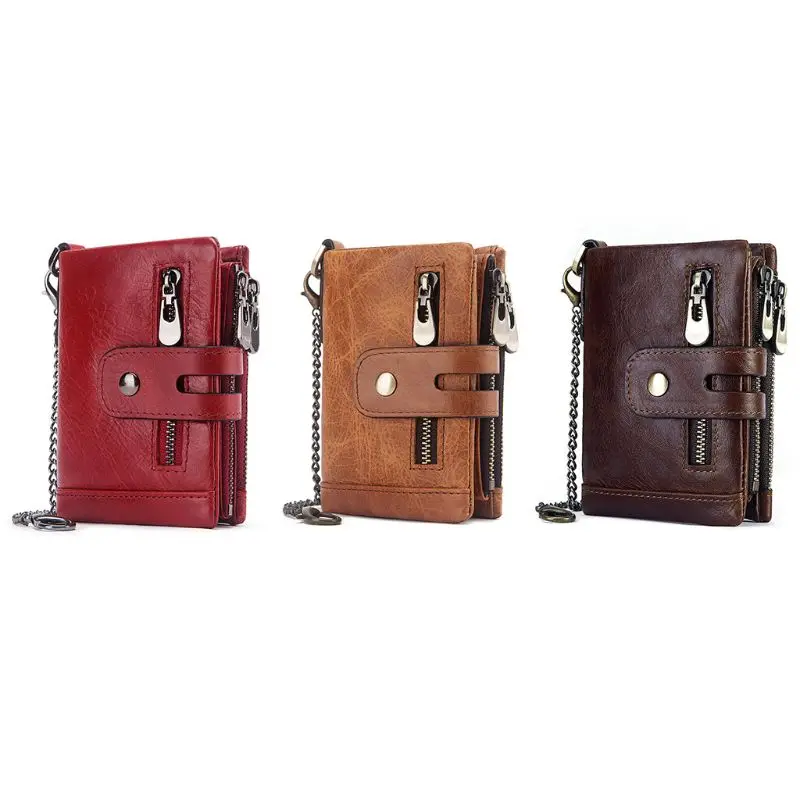 Органайзер на металлической цепочке, мужской кошелек из натуральной кожи с блокировкой RFID, кошелек для монет, ID, кредитный держатель для карт