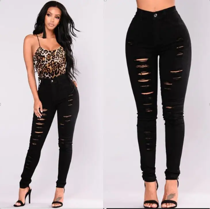 Womens Pencil Pants Stretch Casual Look Denim Skinny Boyfriend Pants High Waist Black Trousers Women - Цвет: Черный