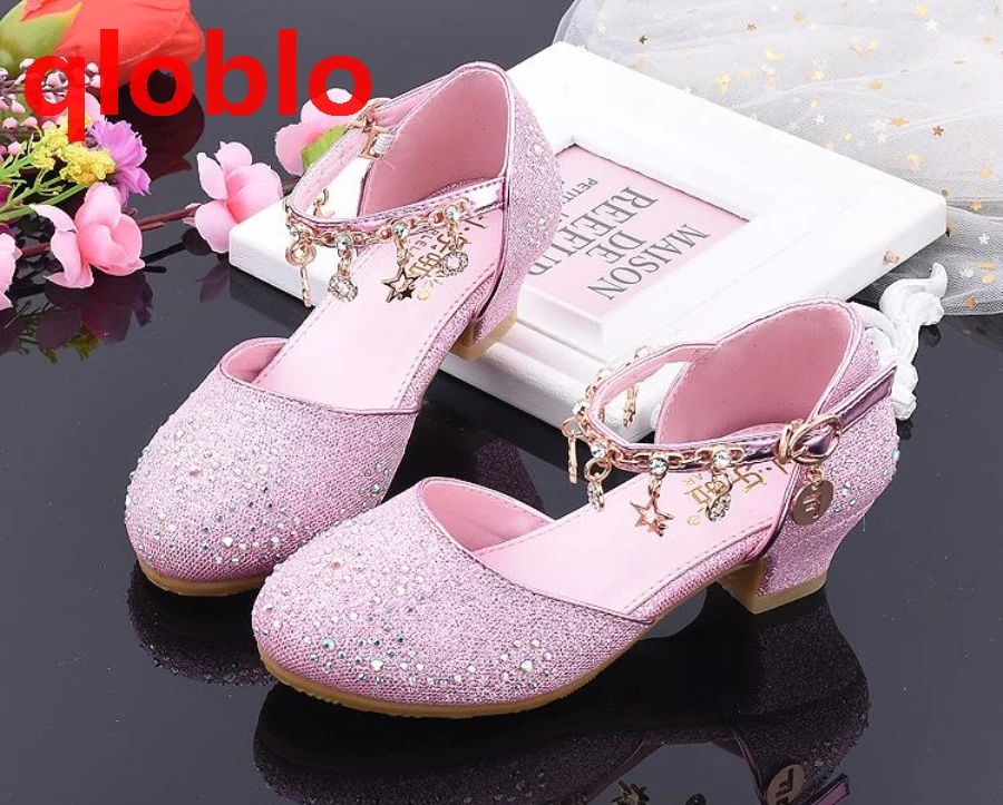

qloblo Children Princess Sandals Kids Girls Wedding Shoes High Heels Dress Shoes Bowtie Gold PU Leather Shoes For Girls