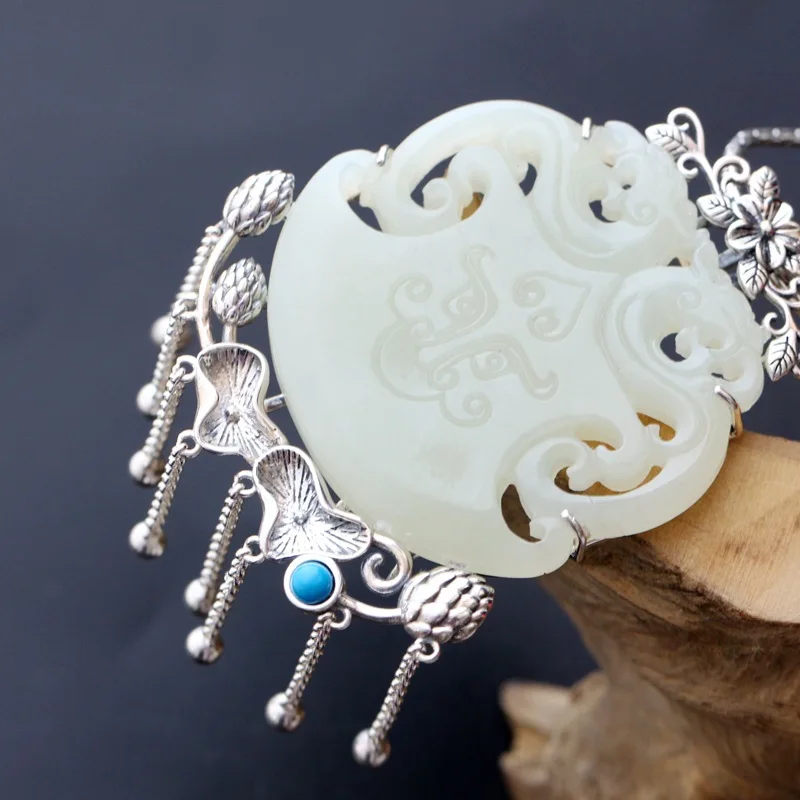 

Silver Jewelry Wholesale Handmade Natural Hetian Jade Silver Pendant Vintage Thai Silver Tassel S925 Sterling Silver Pendant