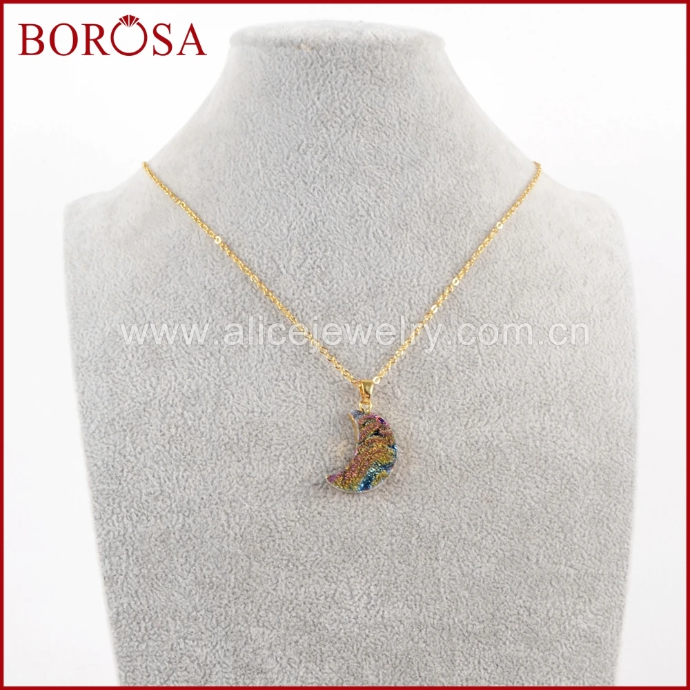 

BOROSA Design 5/10PCS 16" Gold Color Moon Rainbow Titanium Galaxy Druzy Quartz Pendant Necklace Jewelry for Women Gift G1611-N