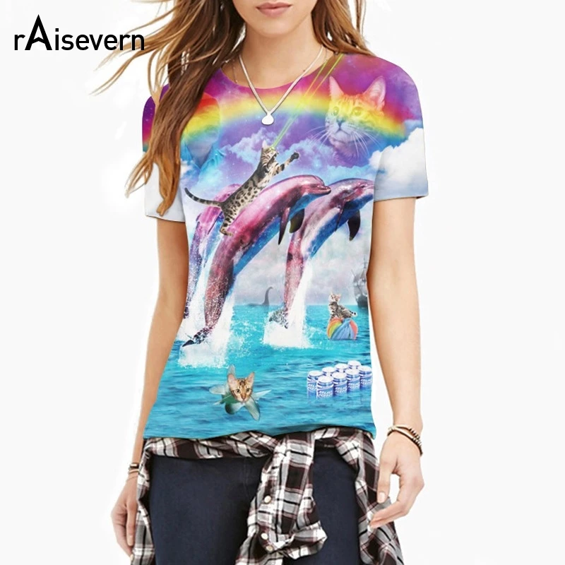 Raisvern/новая 3D футболка с животным дизайном принтом радуги дельфина кота Harajuku