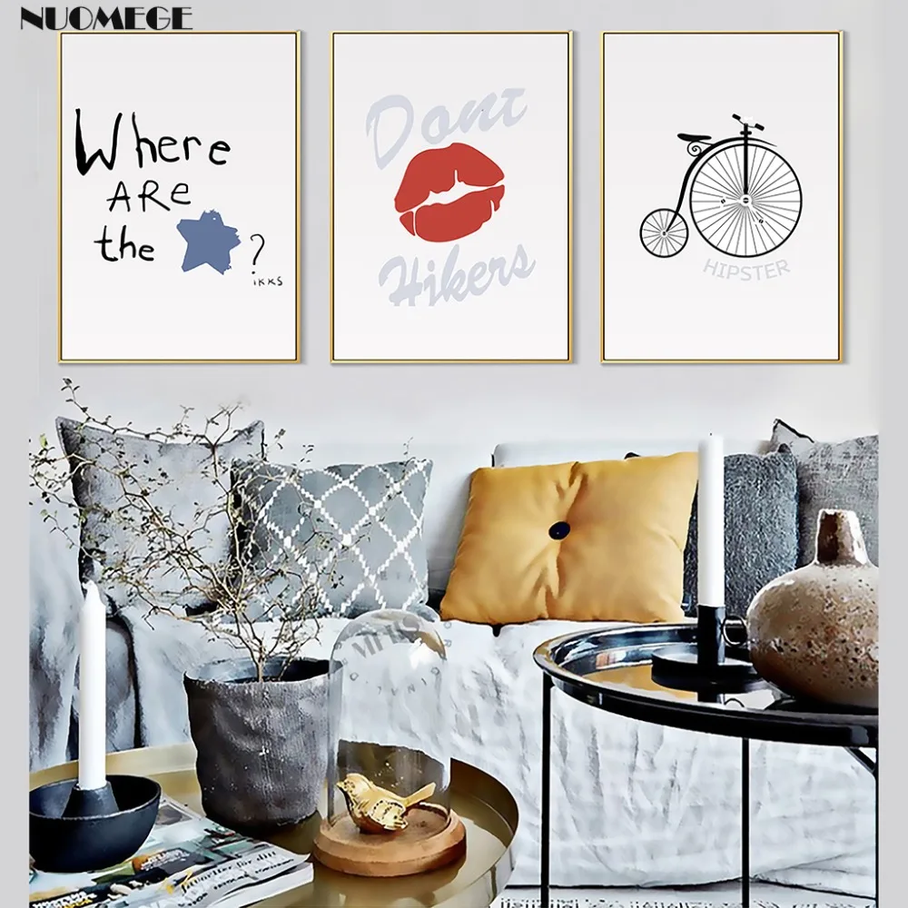 

NUOMEGE Red Lips Canvas Painting Abstract Wall Art Pictures Bicycle Bike Painting For Living Room Posters Nordic Home Decoration