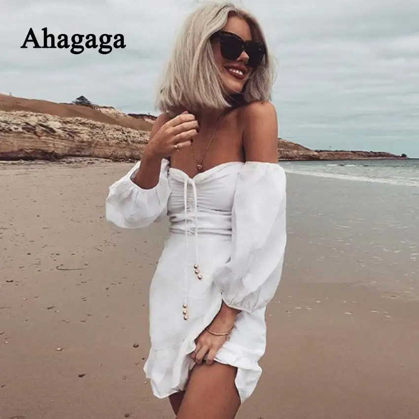 Ahagaga 2019 летнее платье Для женщин модные однотонные белый Slash шеи с длинными