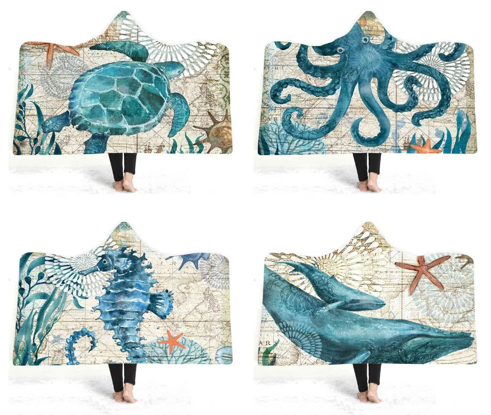 

Free shipping Gift Blue Sea Horse Turtle Octopus Whale Pattern Winter Hooded Blanket Adults Kids Warm Fleece Travel Sofa Throw
