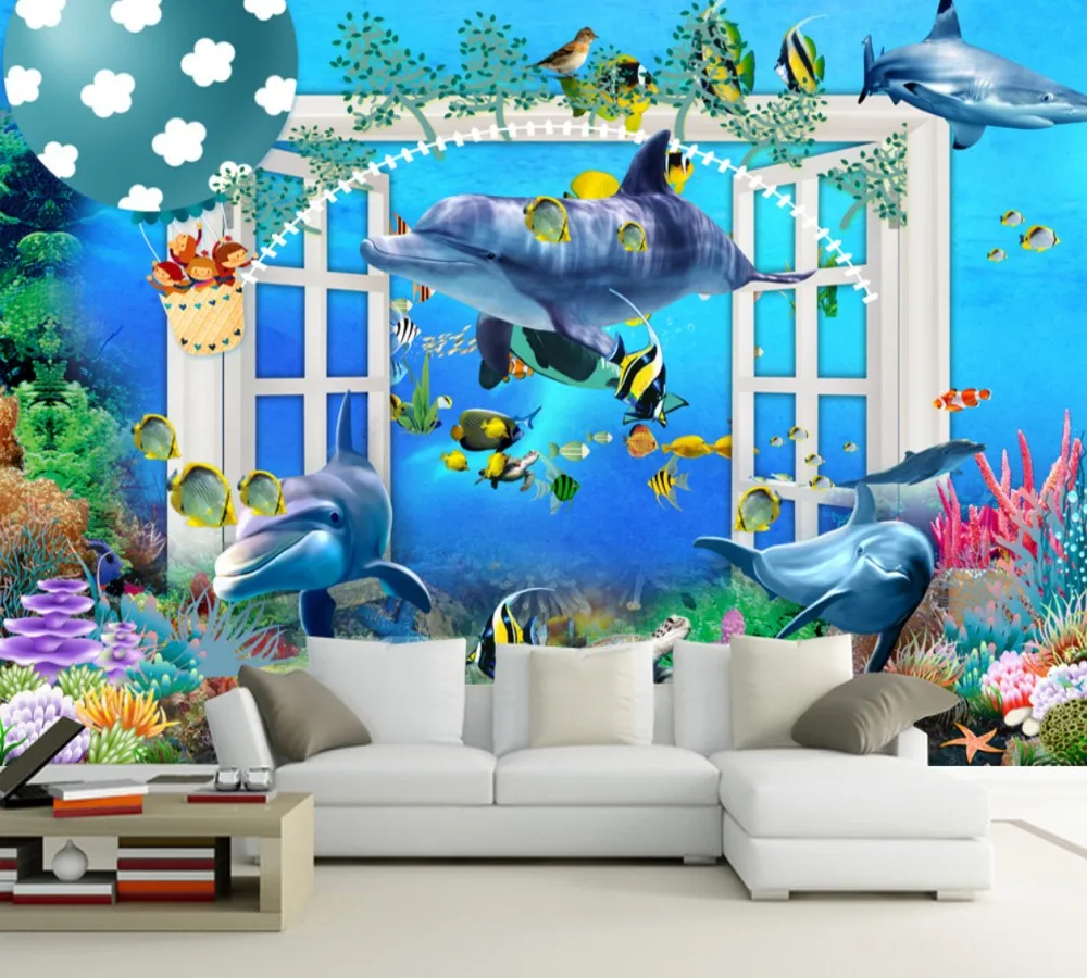 

Free Shipping Custom 3d Living Room Wallpaper Window Underwater World Dolphin Fantasy Wall Children'S Room Colorful Mural