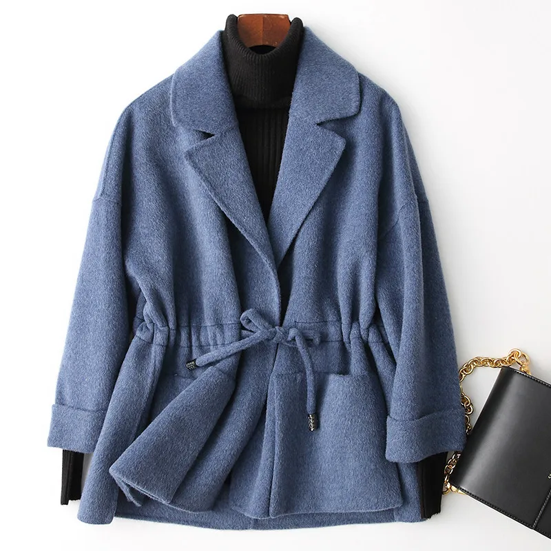 Denim blue MLCRIYG весеннее повседневное шерстяное пальто для женщин, короткое двухстороннее кашемировое пальто и куртки с завязками, осенне-зимнее пальто YQ278 - Цвет: Denim blue