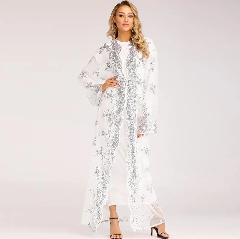 White cardigan Длинное Кимоно размера плюс, Mujer,, сексуальное, Дубай, Абая, мусульманское, для женщин, вышивка, шифон, сетка, кардиган, блузка, Roupas, женская одежда - Цвет: White cardigan