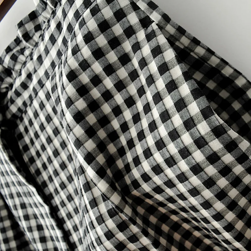 

Black Plaid With Belt Loose Pants Women Nice Fashion Elastic Ankle-Length Pants Woman Vintage Casual Wide Leg Pants Female