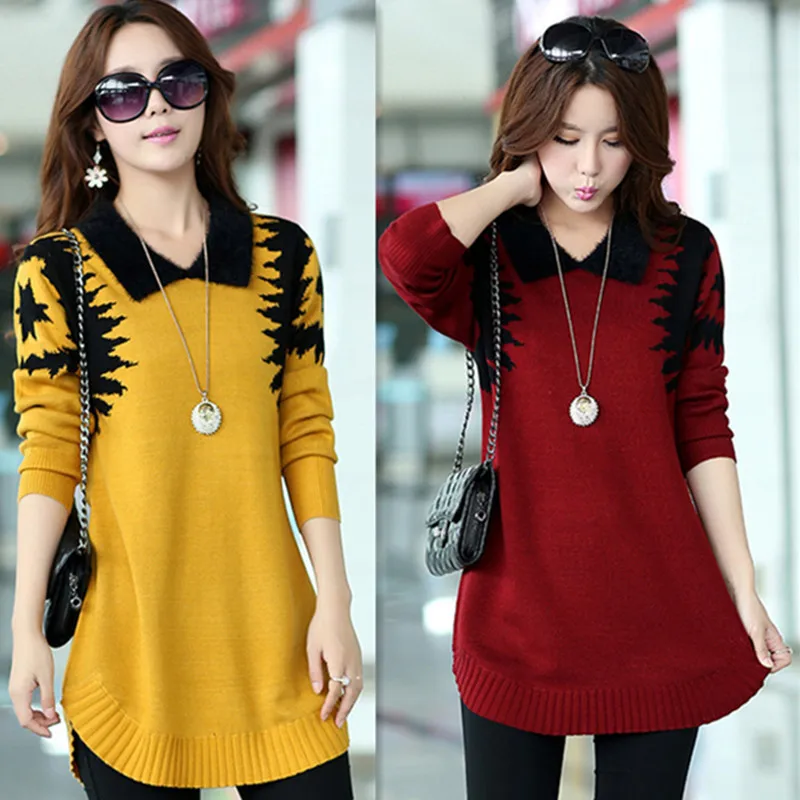 Turn-down collar sweater dress women plus size pullover medium-long print basic slim ropa mujer wool cashmere | Женская одежда