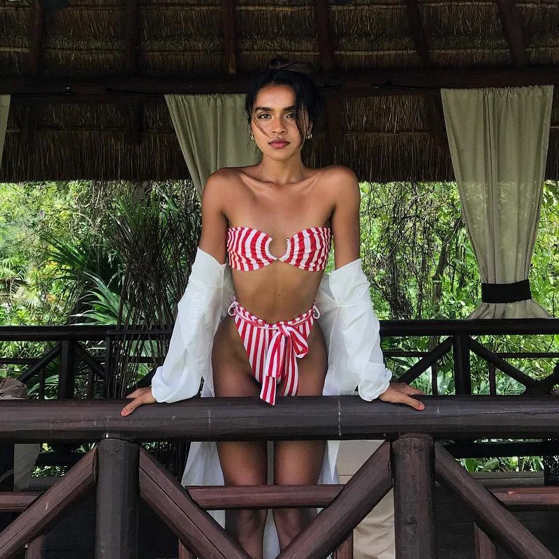 Сексуальный бикини 2019 бандо Пуш Ап Купальник для женщин без бретелек Полосатый