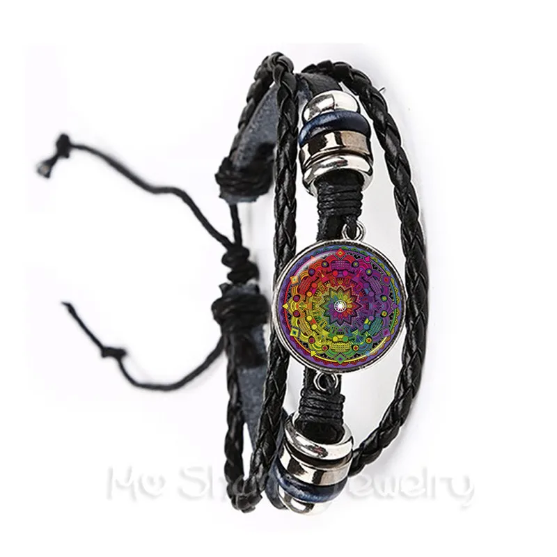 Mandala Bracelet Beautiful Flowers Glass Cabochon Black/Brown Leather Bangles For Men Women Jewelry Creative Gift Friends | Украшения и