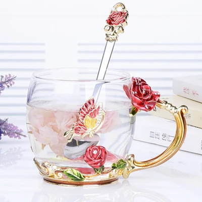 short Sucker spoon Креативные винтажные эмалированные стеклянные чашки с розовой ручкой, стильные с крышкой, бабочкой на корпусе, стеклянные кофейные чашки, чайные чашки, подарок - Цвет: short Sucker spoon
