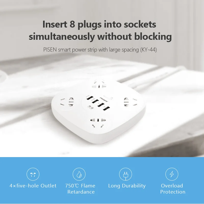 PISEN 4 AC Outlets USB Ports Power Strip Electronic Smart Extension Socket EU Plug Adapter Button Surge Protector | Электроника