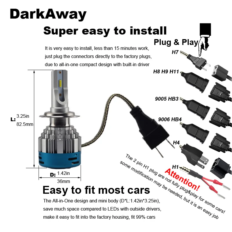 Сверхъяркие Автомобильные фары DarkAway H1 H7 H8 H9 H11 HB3 HB4 H4 светодиодная лампа