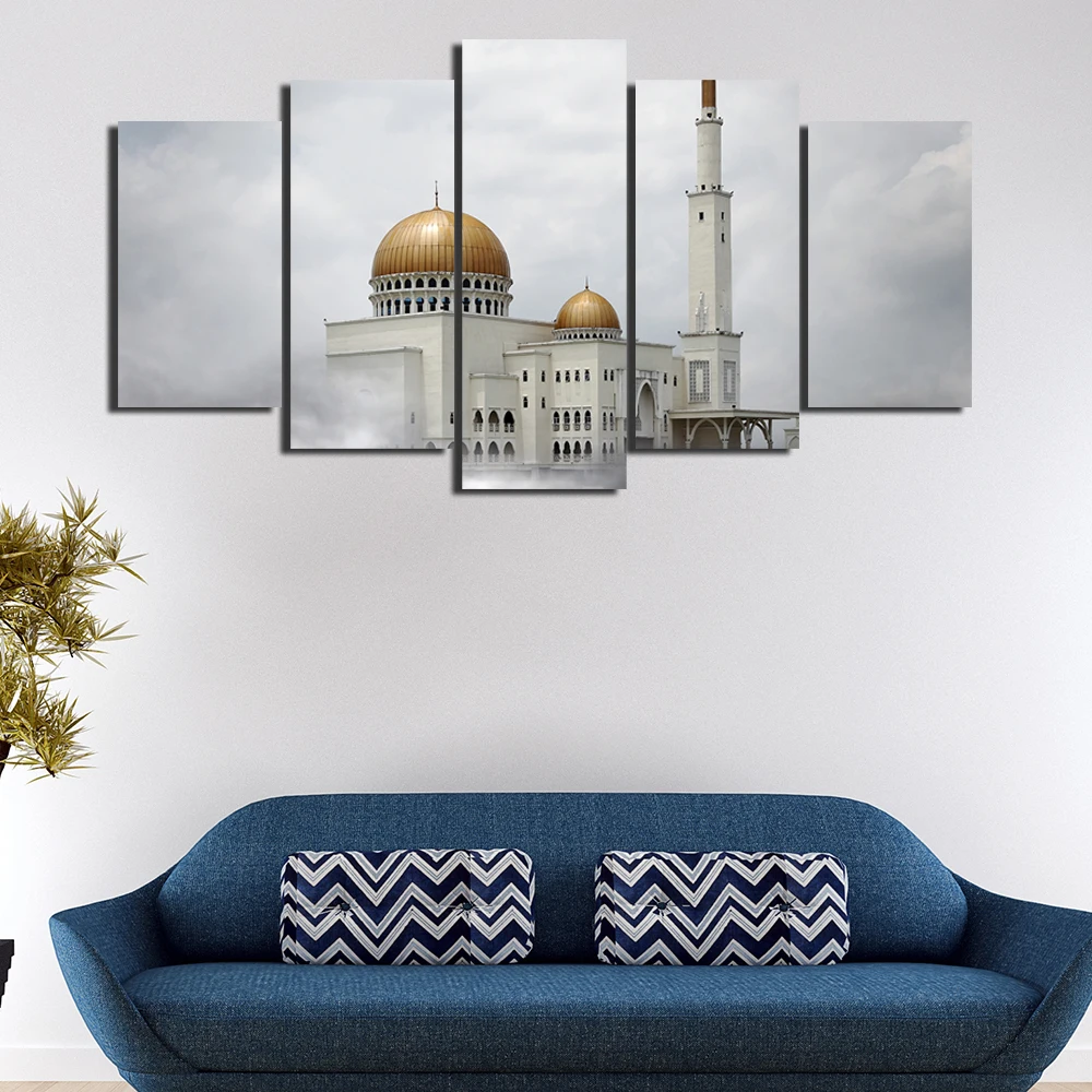 

Canvas Painting Living Room 5 Panel Islam Wall Poster Frames In Modular Printed Cuadros Building Decoration Muslim Pictures