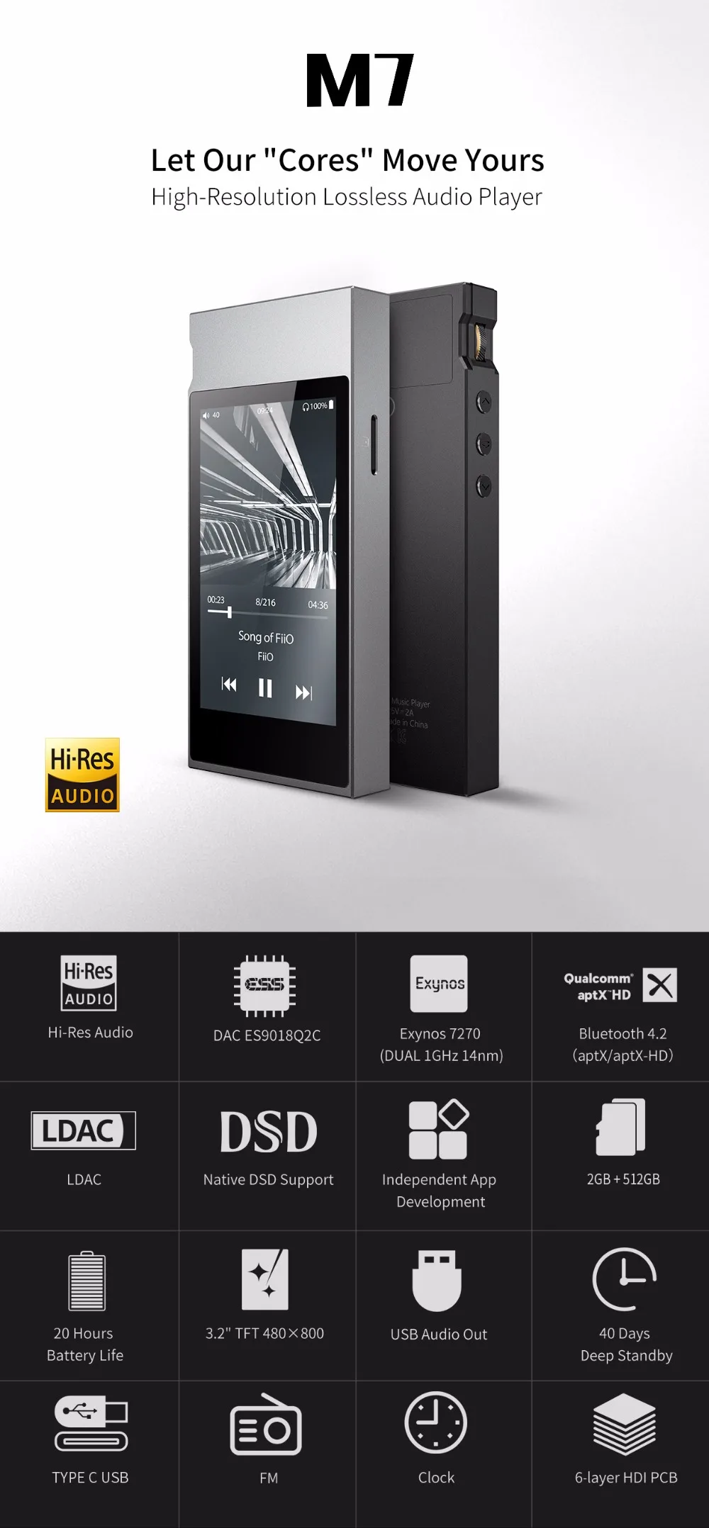 FiiO Bluetooth aptx-hd LDAC Hi-Res Android воспроизведение музыки M7 с fm-радио, FiiO MP3 lcd музыка fm-радио M7, FiiO hifi FM mp3 m7