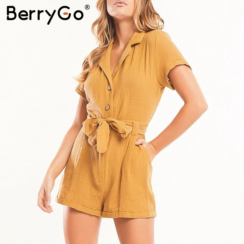 BerryGo офисные женские летние комбинезоны черные льняные пуговицы пояса