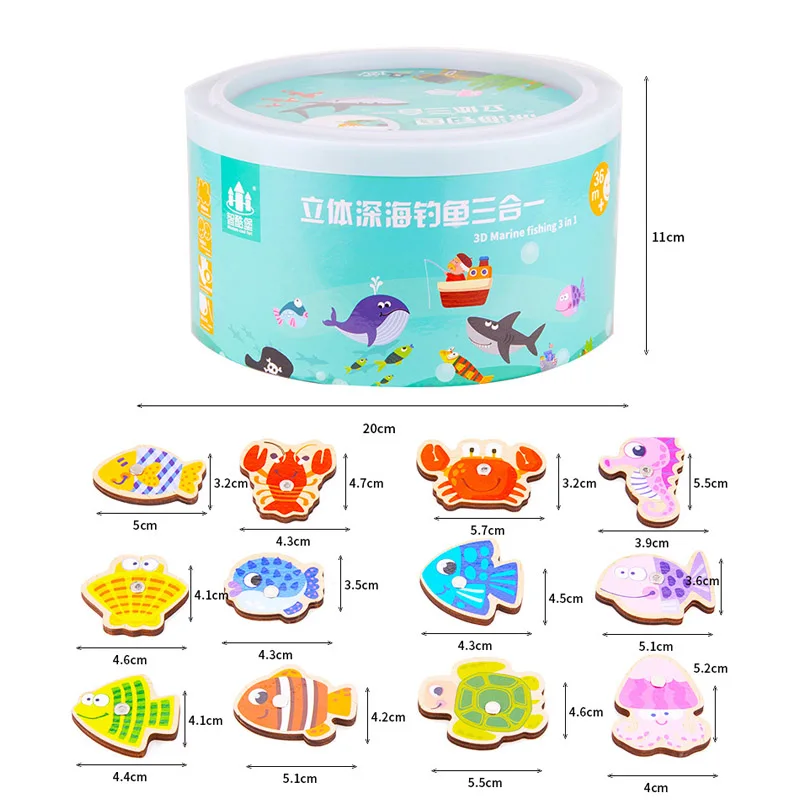 

Baby educational toys wooden magnetic fishing three-in-one 3D fishing toy set game outdoor indoor fun toys children gifts