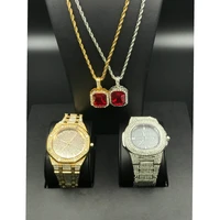 luxury men gold color watch necklace combo set ice out cuban chain pendant set bling rapper hip hop jewelry for men