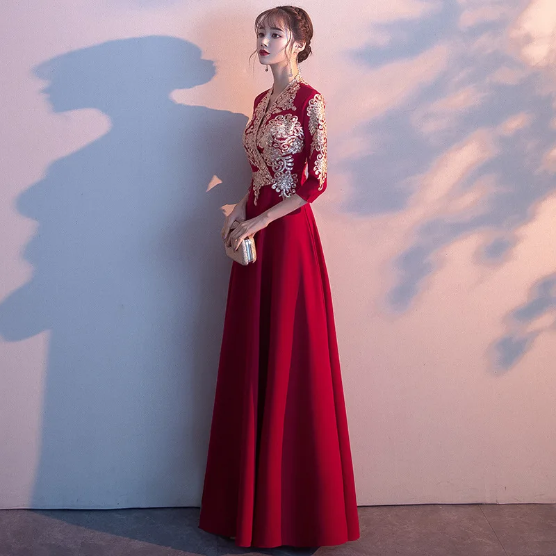 Красное женское вечернее Ципао с v образным вырезом Элегантное Длинное бальное