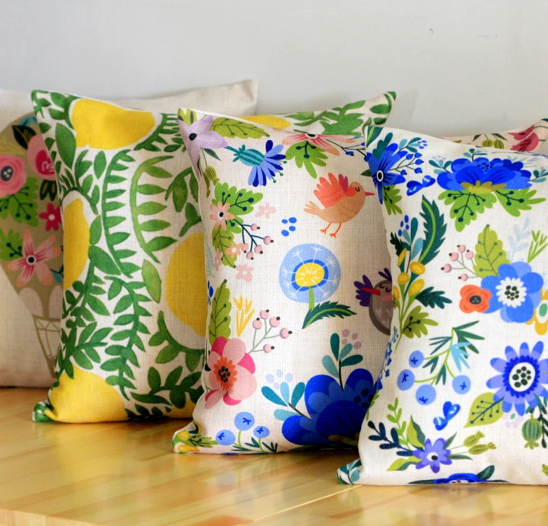 Оптовая продажа льняная наволочка для подушки цветочный рисунок птицы лимон