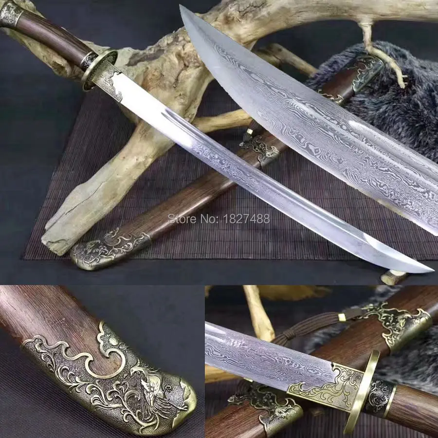 Бамбуковый китайский нож WuShu Da Dao очень острый из дамасской стали готов к сражению