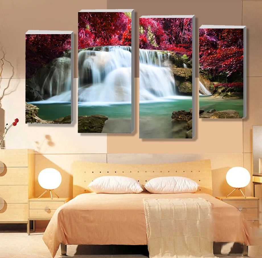 4 Panel Sets Beautiful Waterfall Landscape Painting Flowers Modern Pictures On Canvas Artwork Print Customized Picture A-10-120 | Дом и сад