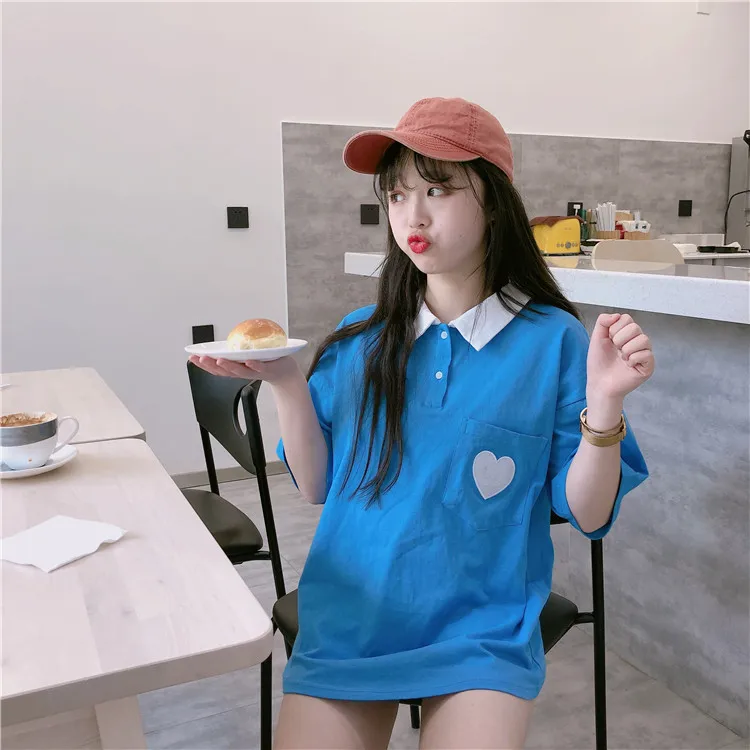Pockets Women T-shirts Summer Preppy Style All- Match Candy Color Femela Tees Heart Embroidery | Женская одежда